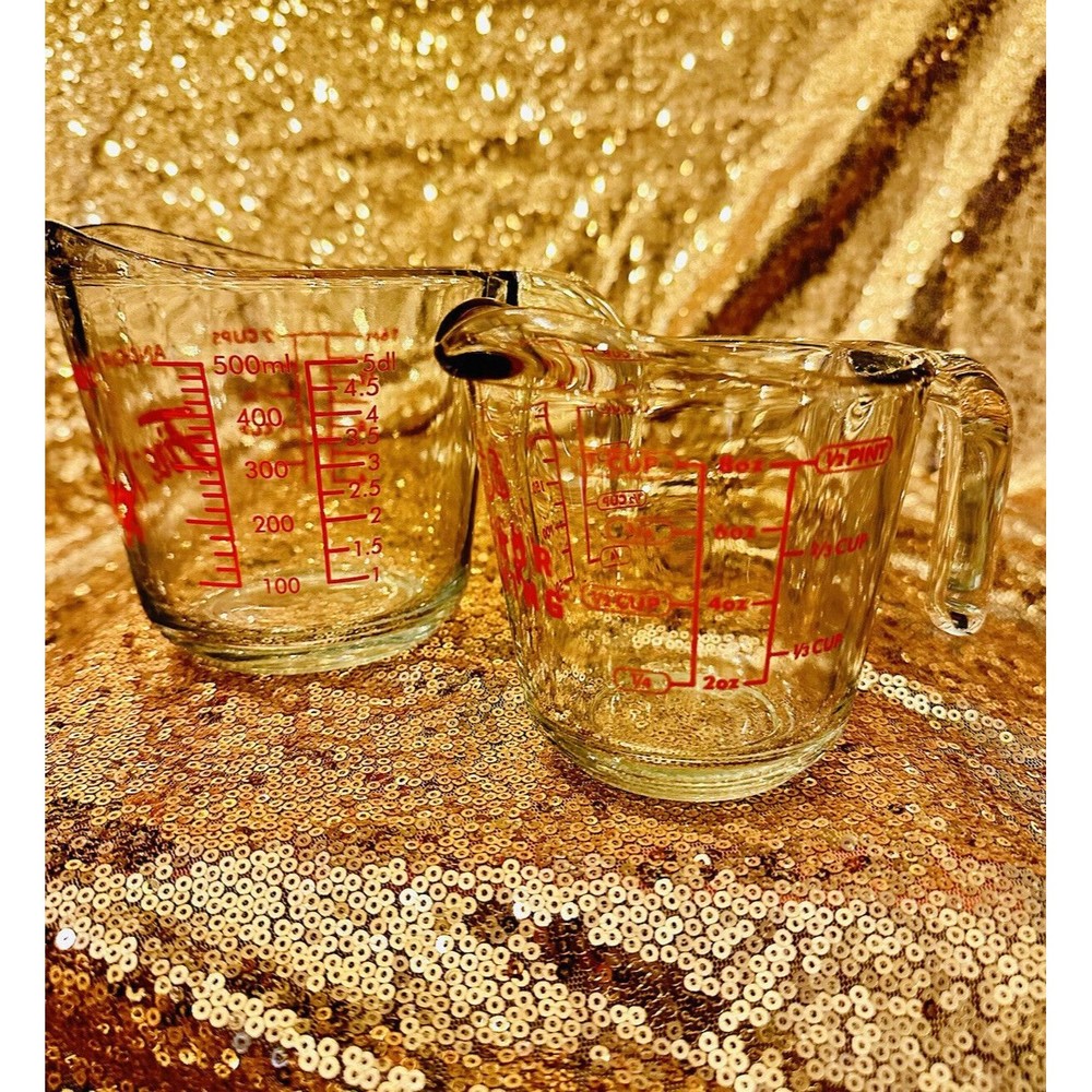 Anchor Hocking Fire-King 1 Cup and 2 Cup Measuring Cup Classic Red Print EUC